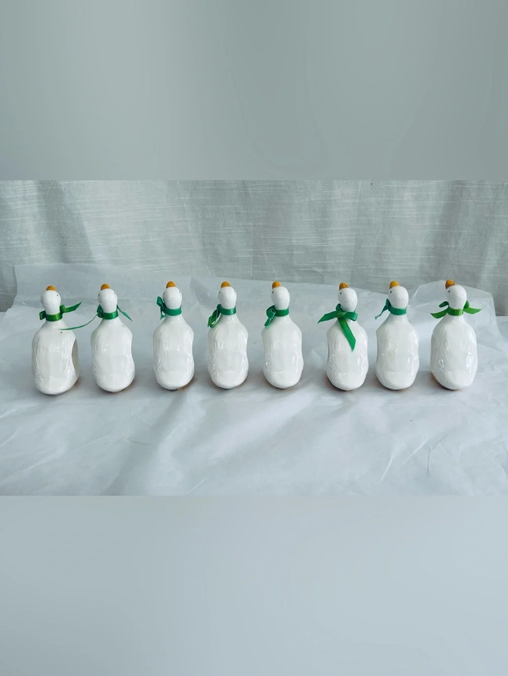 Vintage 1983 R, Gavalon Collectible Ceramic Duck Napkin Rings with Green Bows